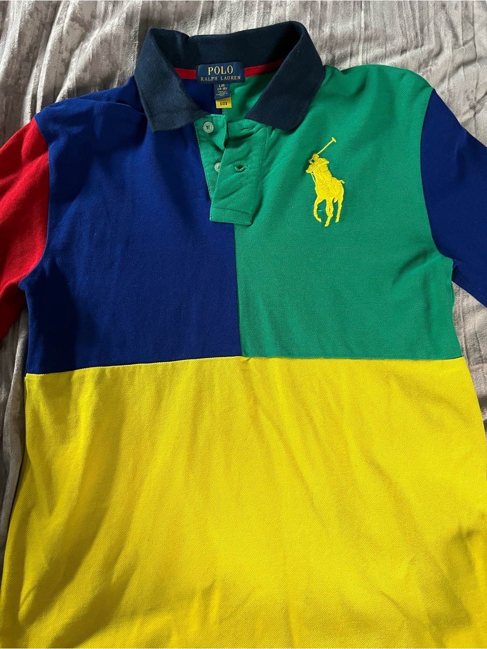 Polo by Ralph Lauren Boys' Colorblock Polo in Blue Green Yellow with Red Sleeve